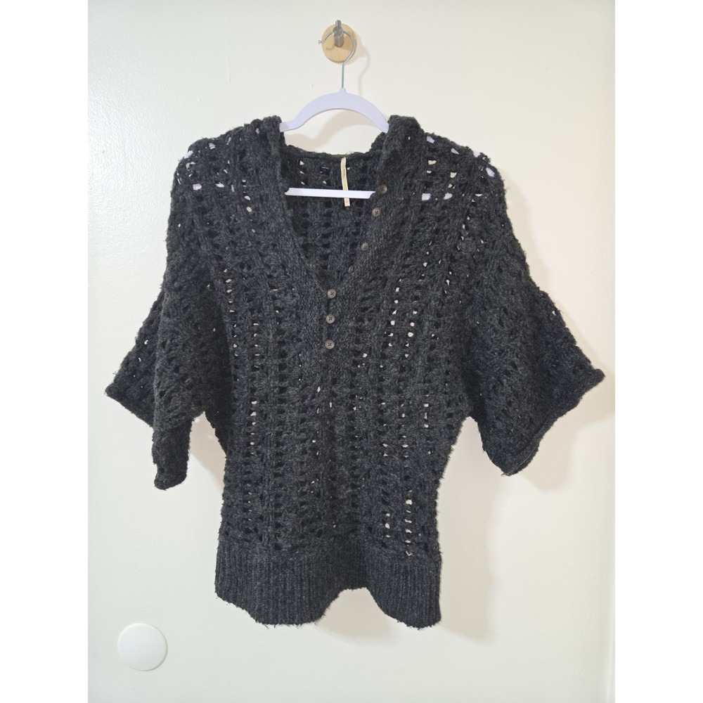 Free People Women's Open Chunky Knit Hooded Pull On Gray‎ Sweater Size Small